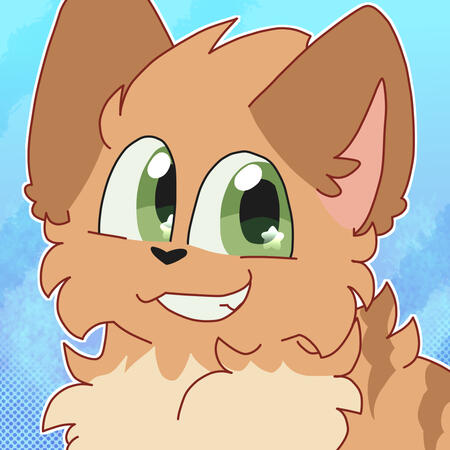 Maple, a dilute ginger tabby with green eyes, looking to the side and smiling.