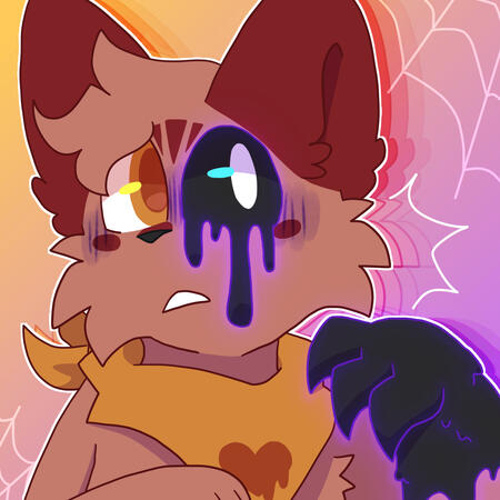 Russel, a red cat with an orange eye wearing an orange bandanna, with some goopy paranormal parts of them. They look horrified.