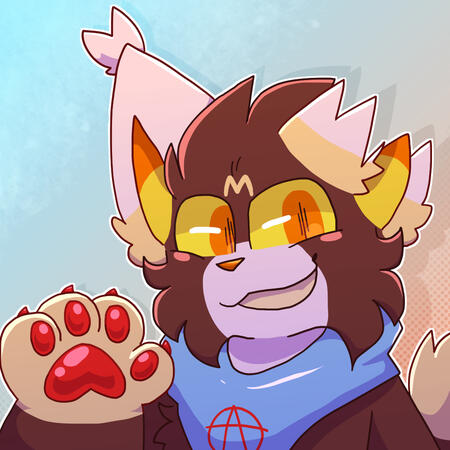 Apocalypse, a brown and white cat and lynx hybrid with yellow sclera and orange irises wearing a blue bandanna with a red anarchy symbol. He's grinning and holding up a paw with it's claws out.