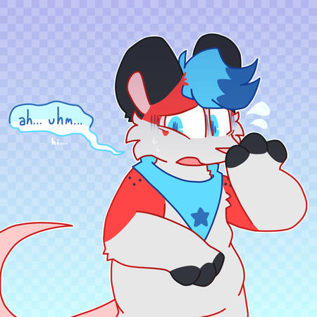 Kane, a white, red, blue, and dark gray opossum, holding his hand up to his face and nervously saying "ah... uhm... hi..."