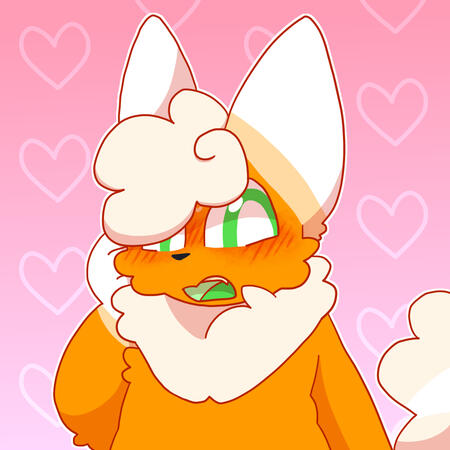 A drawing of Tob, an orange, cream, and white Flareon with green eyes. He's gasping and looking to the side, holding a paw up to it's face.