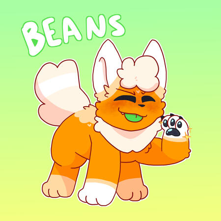 A drawing of Tob, an orange, cream, and white Flareon. He's standing and sticking it's tongue out, showing off his paw pads. The text "BEANS" is above it.