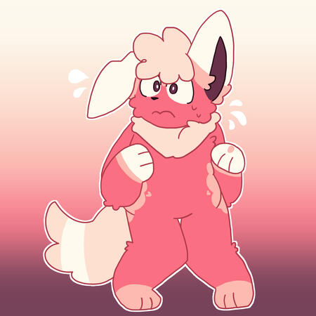 A drawing of Tob, colored pink and white. He looks nervous, holding up it's paws and looking to the side while sweating.