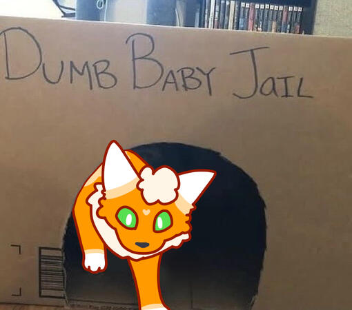 A drawn-over image of Tob, an orange, cream, and white Flareon with green eyes, stepping out of a box that says "DUMB BABY JAIL"