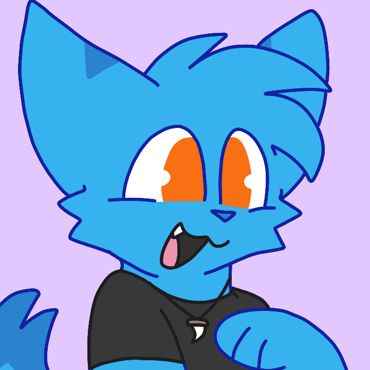 An animated icon of Carlos, a blue fox. They loop between smiling with their mouth open and closed, waving his paw back and forth.