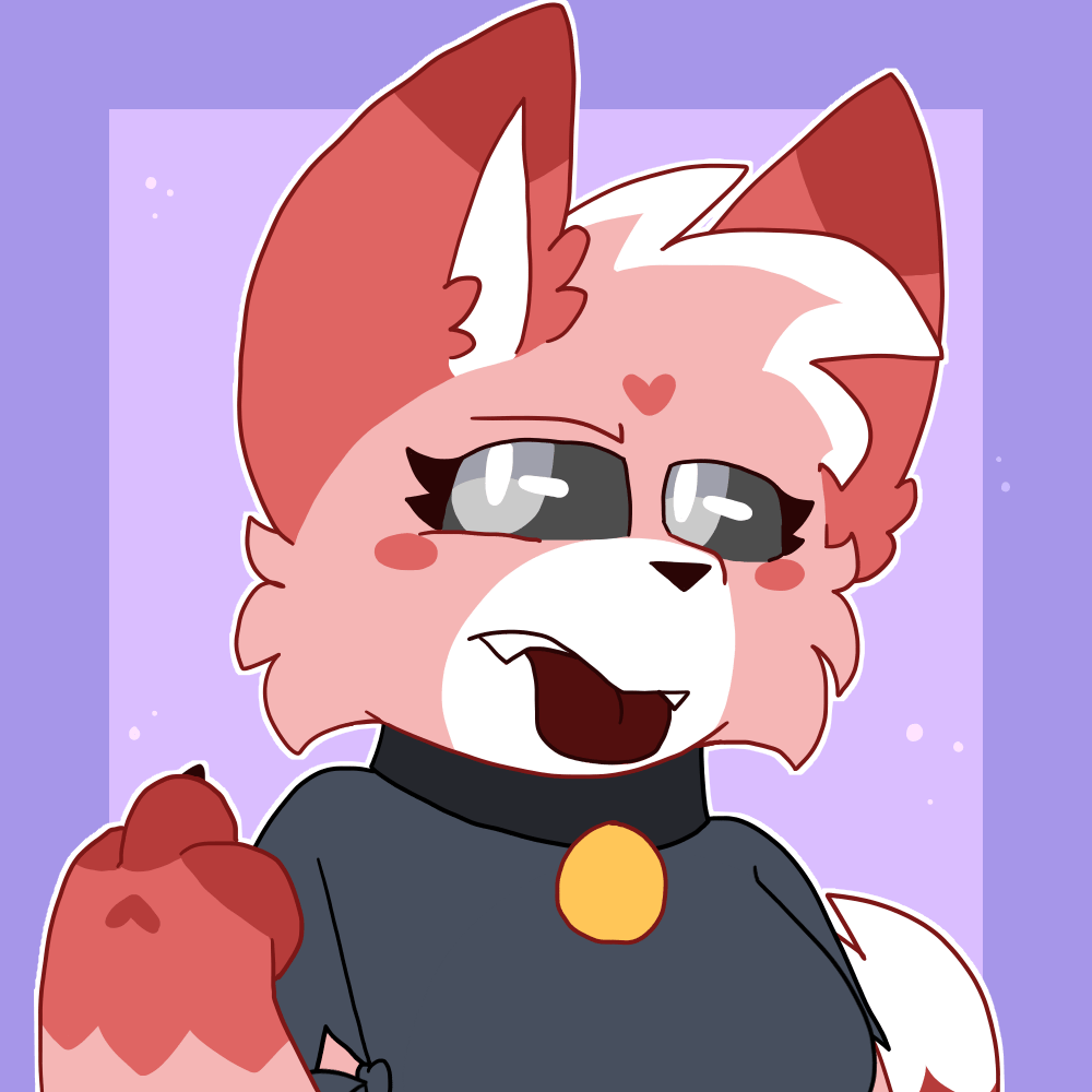 An animated icon of Ruby, a red, pink, and white wolf and cat hybrid, bouncing up and down while flipping off the camera.