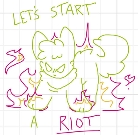 A doodle of Tob, a Flareon, looking angry while fire swirls around him. The lyrics "LET'S START A RIOT" from the song Riot by Three Days Grade are around him.