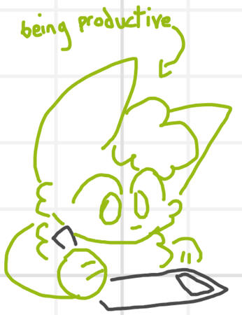 A doodle of Tob, a Flareon, drawing on a drawing tablet and looking focused. The text "being productive" with an arrow pointing to him is above it.