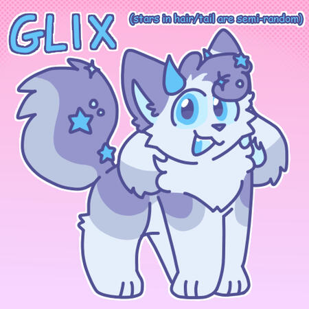 Glix, a white and gray-blue Kittydog with blue eyes. He's smiling at the camera, standing in a neutral position. Text in the top right says "stars in hair/tail are semi-random".