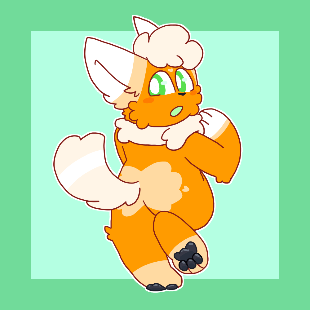 An animation of Tob, an orange, cream, and white Flareon with green eyes, looking backwards and wagging his tail while holding up a hind paw.