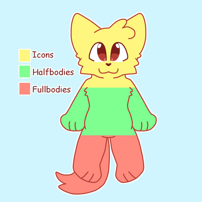 A symmetrical drawing of a basic furry staring at the camera. They are colored yellow, green, and red, showing what is considered an icon, halfbody, and fullbody.